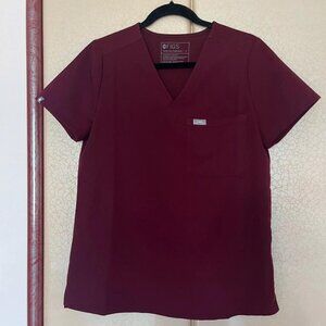 Figs Scrub Top Burgundy Red Short Sleeve V-Neck Womens